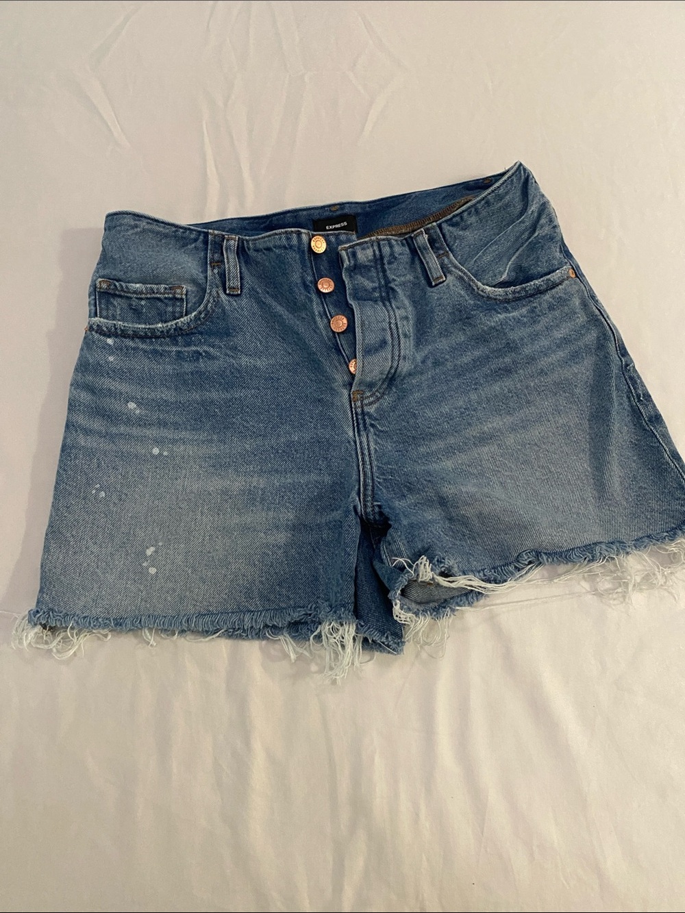 Express Button-Front Frayed Hem Denim Shorts - Blue